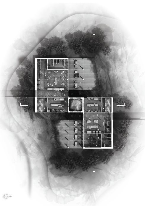 Digitized architectural plan with a monochrome graphic treatment